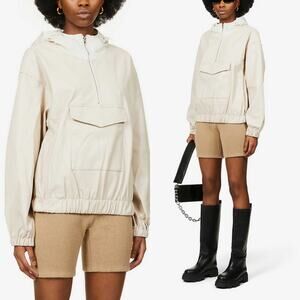 AMYLYNN Womens Darcie Hoodie‎ Vegan Leather Pocket Off White Sz Small